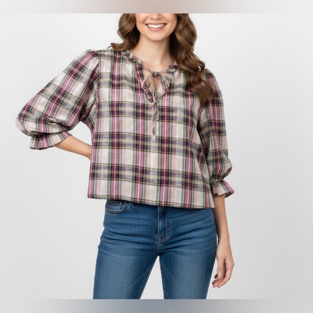 Chic Plaid Blouse - metallic gold Pink, Black, and White
